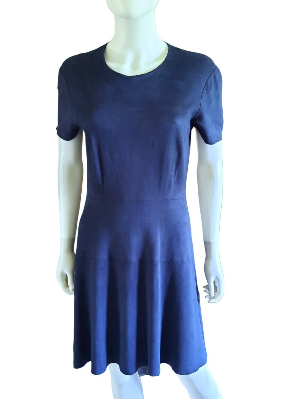 CATHERINE MALANDRINO Stretch Faux Suede Navy Short-Sleeve Fit-Flare Dress Sz 10